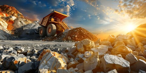 Closeup of stone crushing equipment in mining quarry against blue sky. Concept Mining Equipment, Stone Crushing, Quarry Operations, Industrial Machinery, Blue Sky