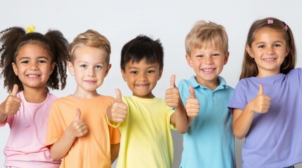 Group of children smiling and giving thumbs up.