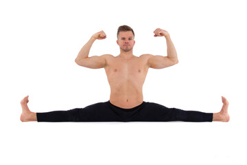 Fitness and meditation. Healthy lifestyle. Young attractive man doing yoga on a white background.