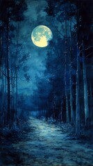 path forest full moon blue color tall horror walking deep white silver stood midnight zone gloom haven