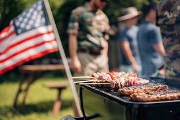 Friends gather for a barbecue with an American flag in the background, symbolizing a military community event. 4th of July, american independence day, memorial day concept