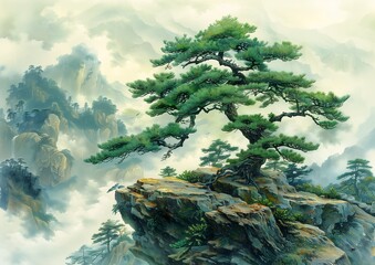 pine tree rocky cliff mountainous area cyan chinese dragon still studio oriental avatar empress swirling gardens