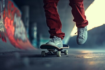 close up of man legs playing skateboard on bokeh style background