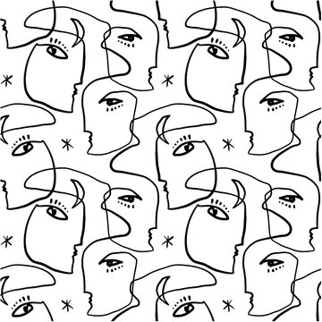 Modern vector abstract minimalistic continuous face portrait seamless pattern. Linear ink brush. Line art current contemporary continuous cubism painting ornament. Fashion style black and white