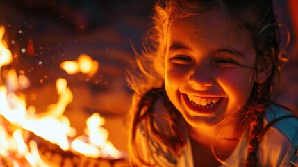A little girl is happily laughing in front of a crackling fire at midnight, enjoying the warmth and the dancing flames in the darkness of night AIG50