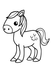 Sweet little pony illustrated in black and white against a white backdrop, perfect for kids' coloring books, preschool cartoons, and kindergarten materials. Suitable for toddler prints and stickers.