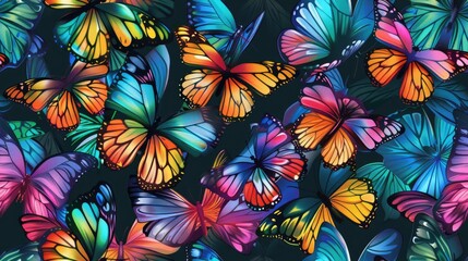 a vibrant rainbow of butterflies, each boasting unique colors and sizes, meticulously arranged to form an eye-catching pattern, evoking a sense of wonder and natural beauty. SEAMLESS PATTERN