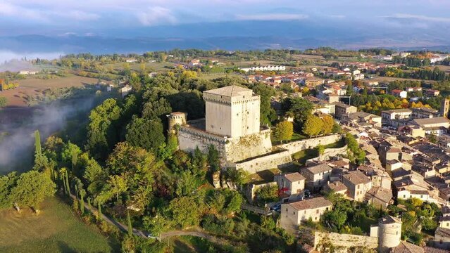 Sarteano village in Tuscany, Italy. Sarteano, the medieval castle at the top of the village. Siena, Tuscany, Italy.
