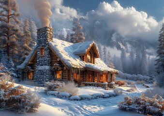 snowy cabin woods chimney panoramic imagery fires warm air smokey view flowery cottage