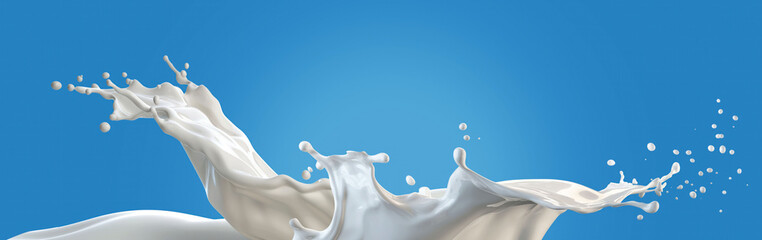 splattered milk splash, pouring white liquid flow for low, full, skimmed fat dairy products over blue clean isolated background as wide commercial banner design with copyspace