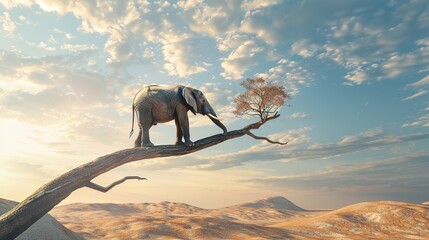 Elephant stands on thin branch of withered tree in surreal landscape.