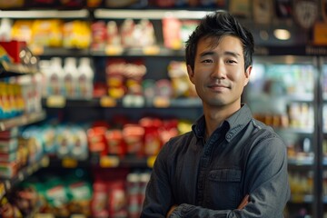 asian salesman employee in convenience store on bokeh style background