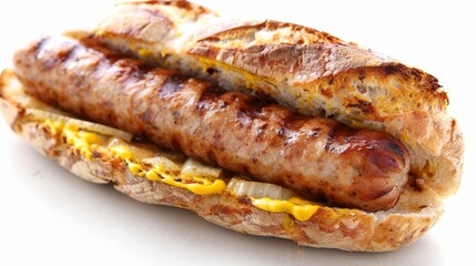 Sausage sandwich with mustard and onion slices isolated on a white background, viewed from the side