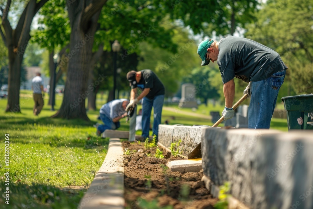 Wall mural group of diverse volunteers, including caucasian and african american adults, landscaping a cemetery