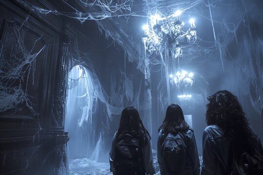 Three people stand in awe gazing at an intricate chandelier covered in spider webs within a dim, mysterious room