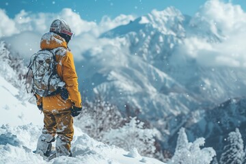 Wearing vibrant yellow, a snowboarder stands still, taking in the magnificent panoramic view of towering snow-covered mountains, reflecting a moment of awe