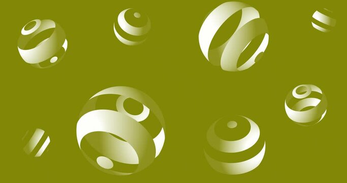 Seamless looped Abstract white color kinetic stripes of lines waves sphere balls over yellow color backdrop. Abstract modern geometric shape animated background. Circle sphere shapes.