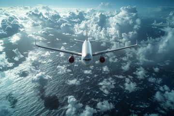This image captures the majesty of a jet airplane travelling across a vast cloudy sky with the ocean's surface below