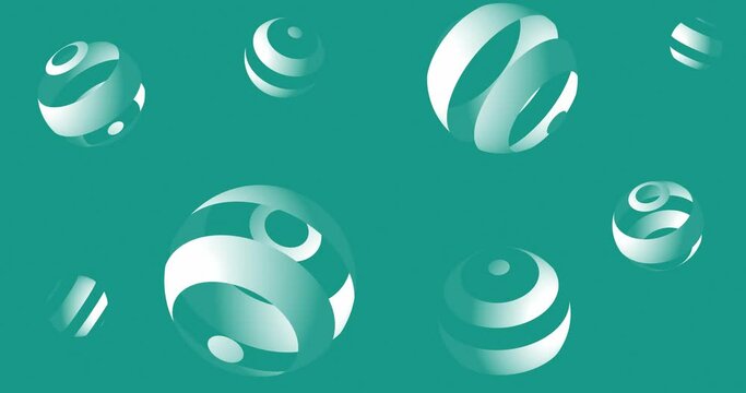 Seamless looped Abstract white color kinetic stripes of lines waves sphere balls over sky blue color backdrop. Abstract modern geometric shape animated background. Circle sphere shapes.