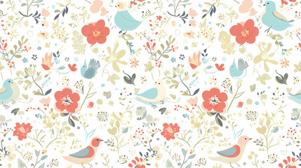 Seamless pattern with cute birds and flowers. Vector illustration.