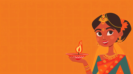 Illustration of Indian girl in saree with a oil lamp