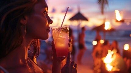 Under the midnight sky, a woman is enjoying a refreshing drink of water through a straw on the beach. The sound of music adds to the fun atmosphere during this latenight beach event AIG50