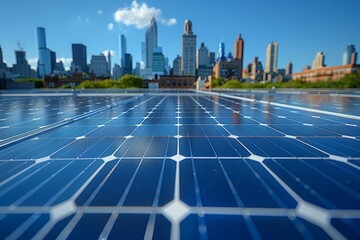 Clean energy concept with solar panels against a backdrop of a city skyline