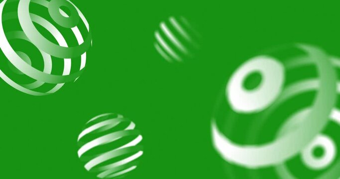 Seamless looped Abstract white color kinetic stripes of lines waves sphere balls over green color backdrop. Abstract modern geometric shape animated background. Circle sphere shapes.