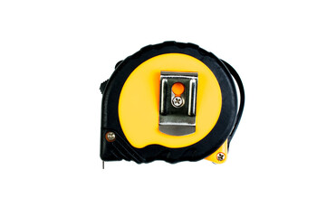 Measuring tape measure on white background. Tool. Top view.