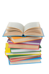 Book stacking. Open book, hardback books on white background. Back to school. Copy space for text.