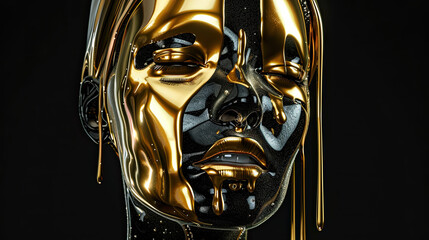 Futuristic woman mannequin made of liquid holographic golden with dripping melted gold, Isolated on black background