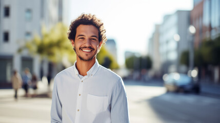 Fototapeta premium Confident happy smiling young Hispanic entrepreneur standing in sunny city and looking at camera