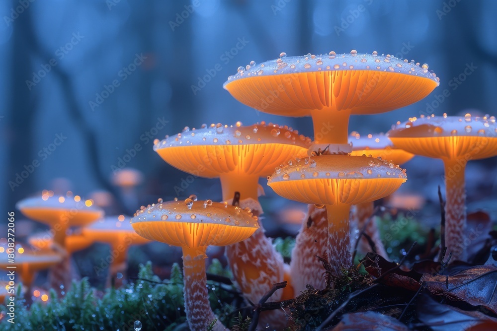 Poster enchanting mushrooms illuminated with a magical glow stand out against the misty forest backdrop, cr