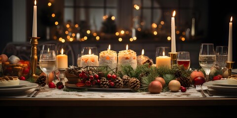 Festive table setting for Christmas or New Year dinner with candles and festive decoration