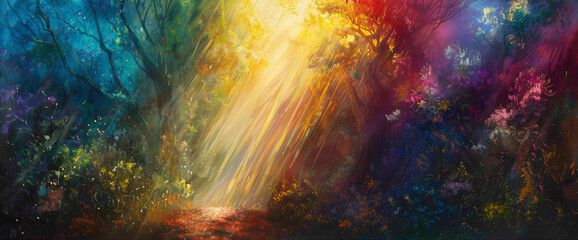 Fototapeta premium Radiant beams of light pierce through the darkness, illuminating the scene with a breathtaking array of vibrant colors that pulse and shimmer with life.