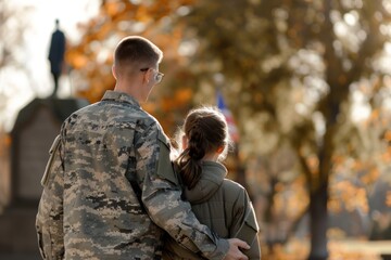 A military man in camouflage embracing his young daughter, looking towards a memorial, symbolizing remembrance and family bond. , memorial day concept - obrazy, fototapety, plakaty