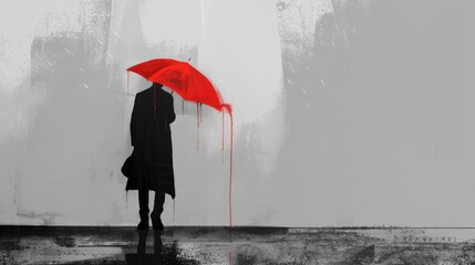 painting of a man in the rain, holding a red umbrella, walking on a gray wall