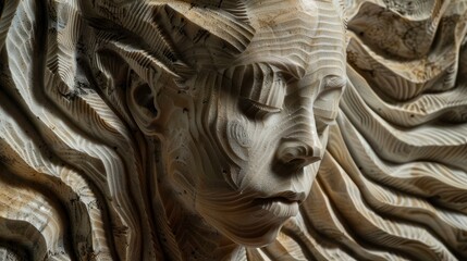 a carved wavy wall texture with the face of closed eyes female