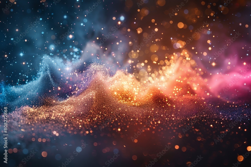 Poster a mesmerizing backdrop of shimmering dust particles and bokeh effects in shades of blue and gold cre