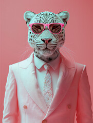anthropomorphic leopard wearing a business suit and sunglasses, pastel color scheme