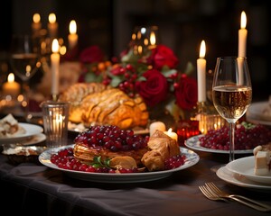 Festive table with a variety of food and wine on the table
