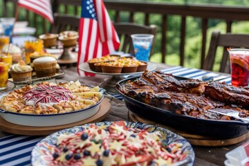 Traditional Fourth of July barbecue setup with various dishes on a table adorned with American flags. 4th of July, american independence day, happy independence day of america , memorial day concept