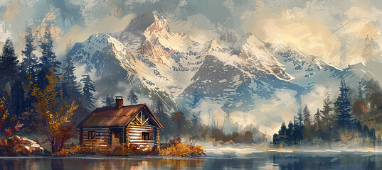 Obraz premium Wooden cabin at riverside with snow peak mountain as background, illustration