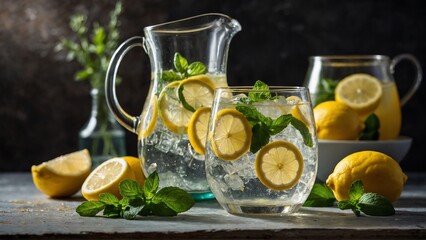 fresh lemonade with mint leaves in a glass jug on dark background