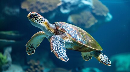 Fototapeta premium Ancient Mariner: A Lone Sea Turtle Glides Gracefully Through the Ocean Depths