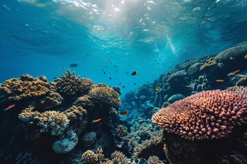 Fototapeta premium Underwater view, Blue ocean coral reef , Ai generated