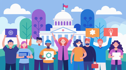A group of neurodivergent activists hold a peaceful protest outside a government building demanding more resources and support for individuals with. Vector illustration
