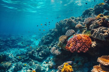 Fototapeta na wymiar Underwater view, Blue ocean coral reef , Ai generated