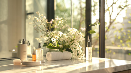 Sophisticated Bathroom Setting: Luxury Marble Table with Bottles, Flowers, and Natural Light