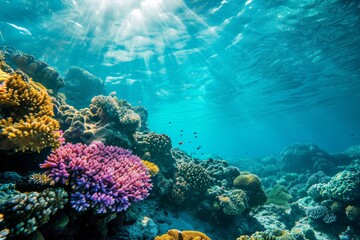 Obraz premium Underwater view, Blue ocean coral reef , Ai generated